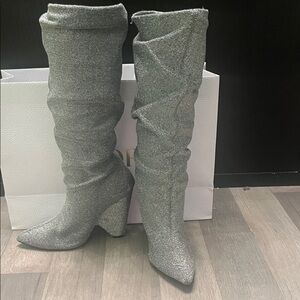 Cupid Glittering Silver Over the Knee Boots